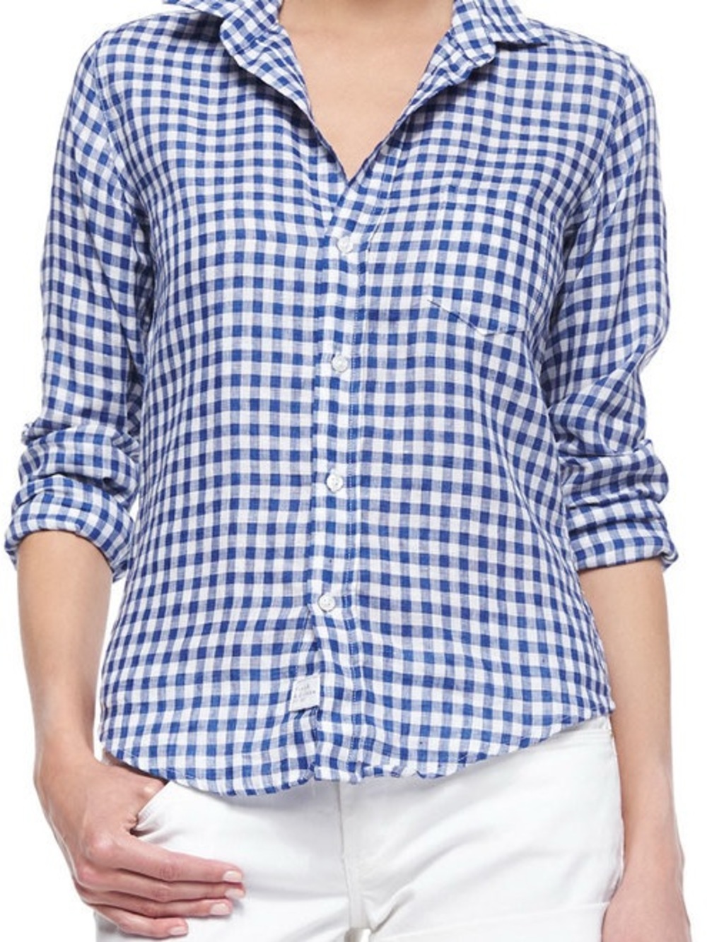 Frank & Eileen Barry, Linen, Blue & White Gingham Button Down, Sz S - Picture 5 of 5